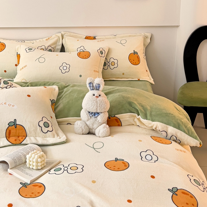 91家纺网 家纺一手货源 找家纺 富馨莱 2025新款牛奶绒印花四件套240克面料支持一件定制尺寸 心想事橙