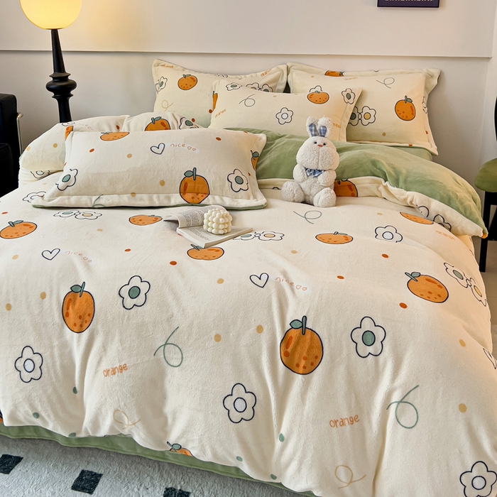 91家纺网 家纺一手货源 找家纺 富馨莱 2025新款牛奶绒印花四件套240克面料支持一件定制尺寸 心想事橙