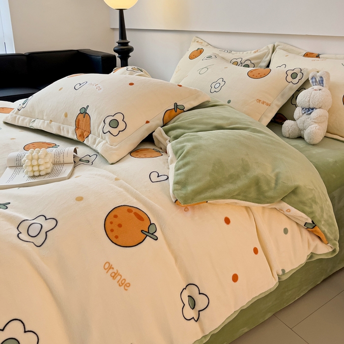 91家纺网 家纺一手货源 找家纺 富馨莱 2025新款牛奶绒印花四件套240克面料支持一件定制尺寸 心想事橙