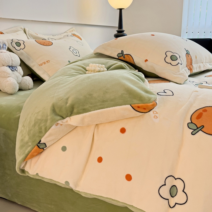 91家纺网 家纺一手货源 找家纺 富馨莱 2025新款牛奶绒印花四件套240克面料支持一件定制尺寸 心想事橙