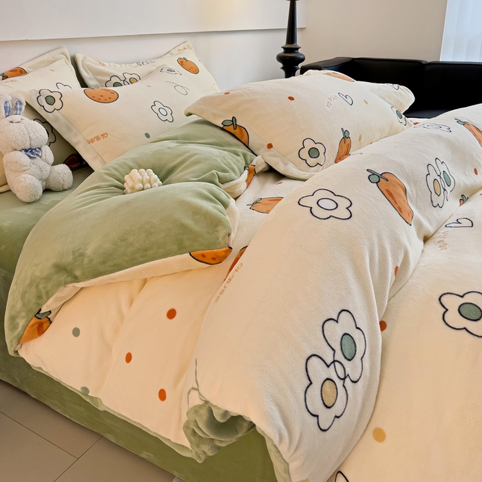 91家纺网 家纺一手货源 找家纺 富馨莱 2025新款牛奶绒印花四件套240克面料支持一件定制尺寸 心想事橙