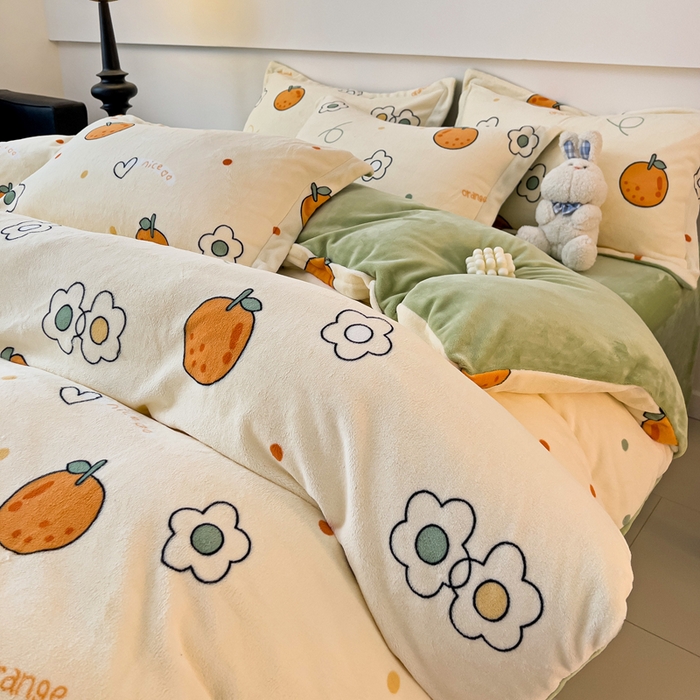 91家纺网 家纺一手货源 找家纺 富馨莱 2025新款牛奶绒印花四件套240克面料支持一件定制尺寸 心想事橙