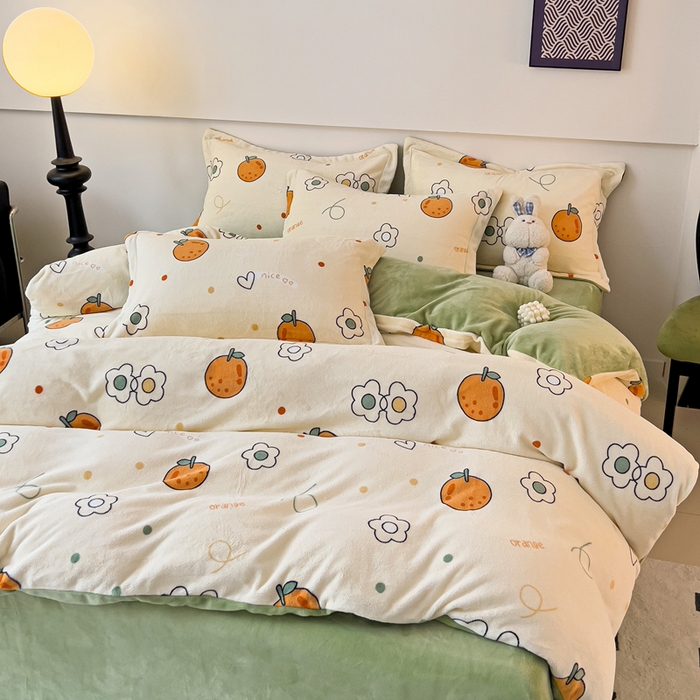 91家纺网 家纺一手货源 找家纺 富馨莱 2025新款牛奶绒印花四件套240克面料支持一件定制尺寸 心想事橙