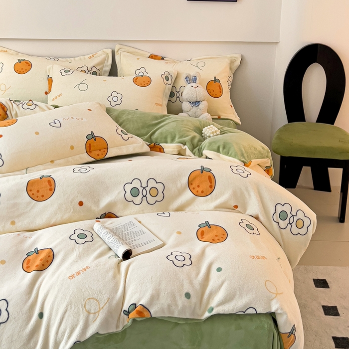 91家纺网 家纺一手货源 找家纺 富馨莱 2025新款牛奶绒印花四件套240克面料支持一件定制尺寸 心想事橙