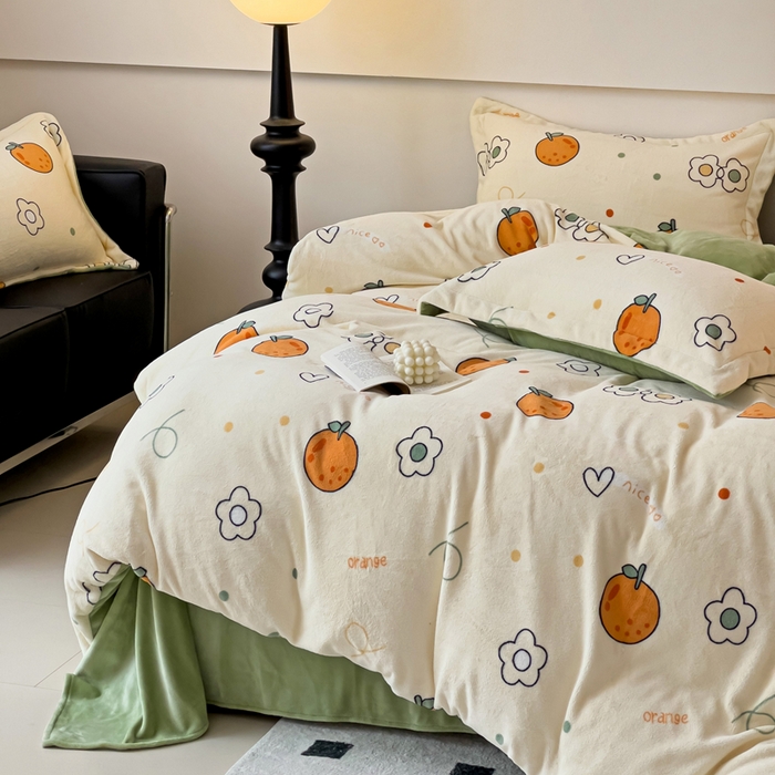 91家纺网 家纺一手货源 找家纺 富馨莱 2025新款牛奶绒印花四件套240克面料支持一件定制尺寸 心想事橙