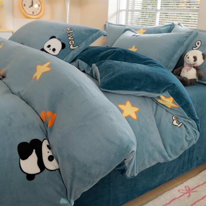富馨莱 2025新款牛奶绒印花四件套240克面料支持一件定制尺寸 熊猫-蓝
