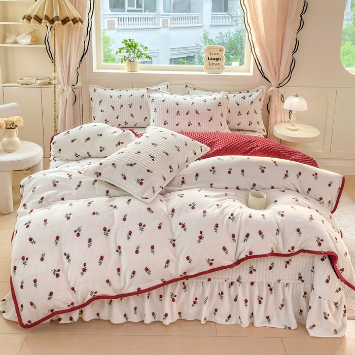 尚美 2025新款豆豆绒牛奶绒大花边床盖四件套（床盖花边随机） 安哥拉红玫瑰