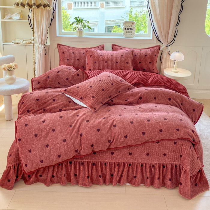 尚美 2025新款豆豆绒牛奶绒大花边床盖四件套（床盖花边随机） 安歌拉红心