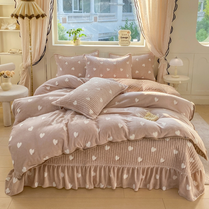 尚美 2025新款豆豆绒牛奶绒大花边床盖四件套（床盖花边随机） 白色爱心卡