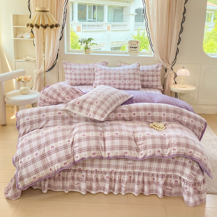 尚美 2025新款豆豆绒牛奶绒大花边床盖四件套（床盖花边随机） 格子蝴蝶梦