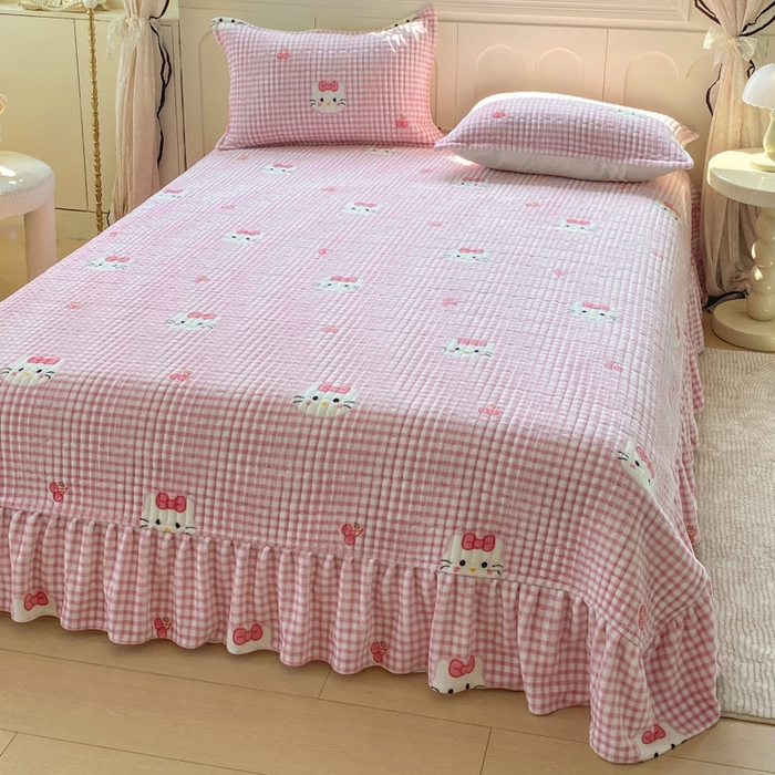 91家纺网 家纺一手货源 找家纺 尚美 2025新款豆豆绒牛奶绒大花边床盖四件套（床盖花边随机） 凯迪猫粉