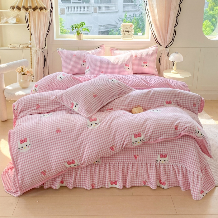 尚美 2025新款豆豆绒牛奶绒大花边床盖四件套（床盖花边随机） 凯迪猫粉