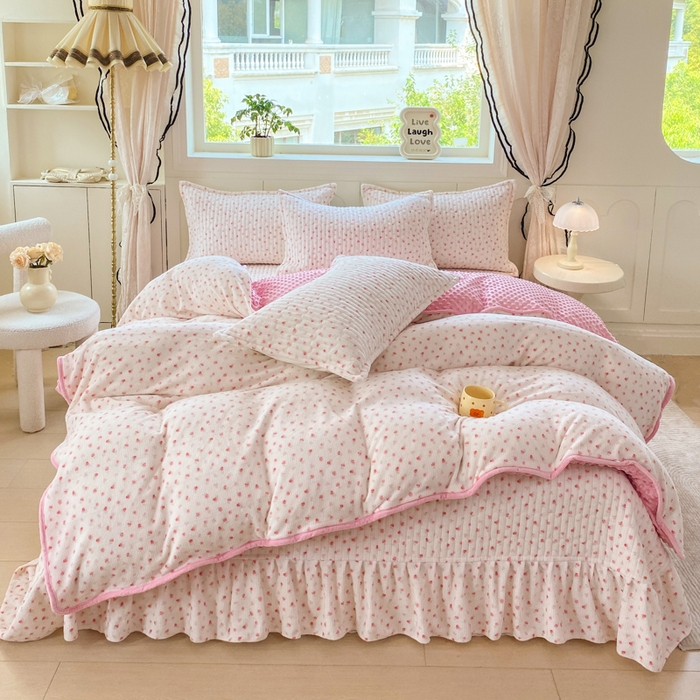 尚美 2025新款豆豆绒牛奶绒大花边床盖四件套（床盖花边随机） 丽莎