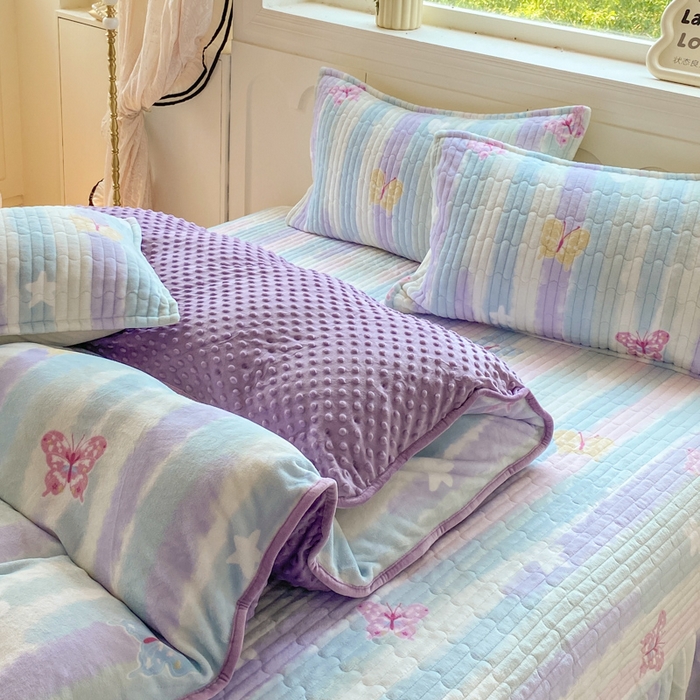 91家纺网 家纺一手货源 找家纺 尚美 2025新款豆豆绒牛奶绒大花边床盖四件套（床盖花边随机） 七彩虹