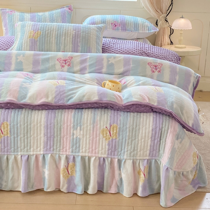 91家纺网 家纺一手货源 找家纺 尚美 2025新款豆豆绒牛奶绒大花边床盖四件套（床盖花边随机） 七彩虹