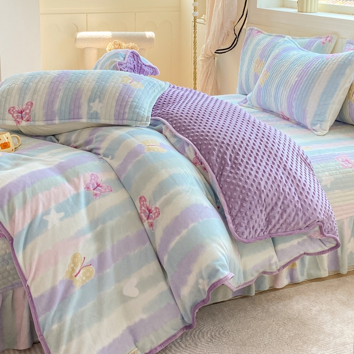 91家纺网 家纺一手货源 找家纺 尚美 2025新款豆豆绒牛奶绒大花边床盖四件套（床盖花边随机） 七彩虹