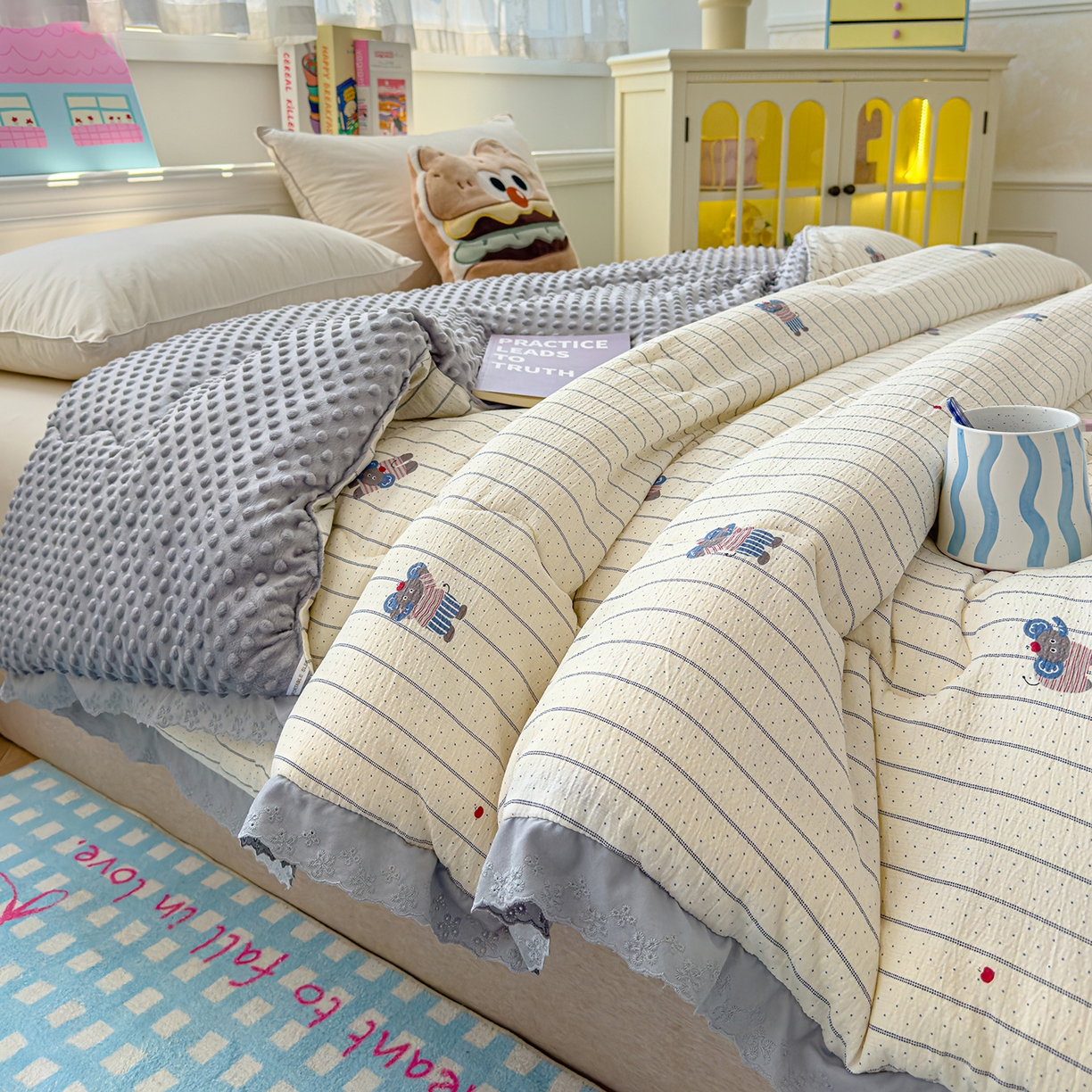 91家纺网 家纺一手货源 找家纺 芯恋家居 2025新款A类提花韩版花边豆豆冬被被子春秋被芯大豆被豆豆被 顽皮象