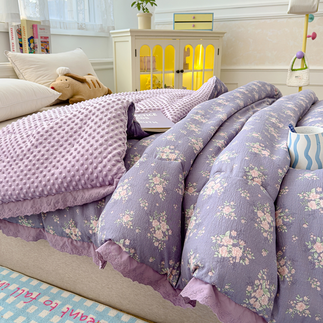 91家纺网 家纺一手货源 找家纺 芯恋家居 2025新款A类提花韩版花边豆豆冬被被子春秋被芯大豆被豆豆被 迷迭香