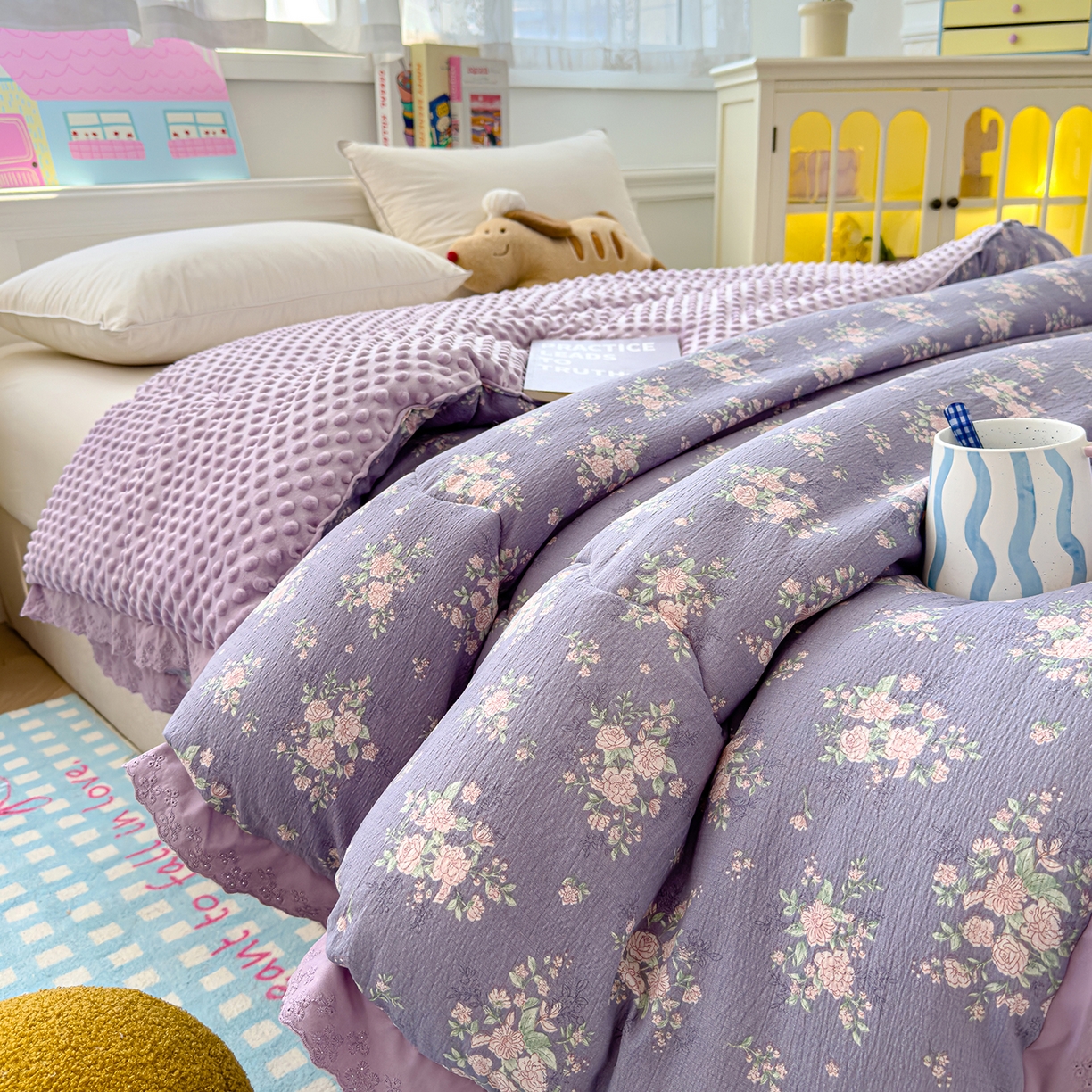 91家纺网 家纺一手货源 找家纺 芯恋家居 2025新款A类提花韩版花边豆豆冬被被子春秋被芯大豆被豆豆被 迷迭香