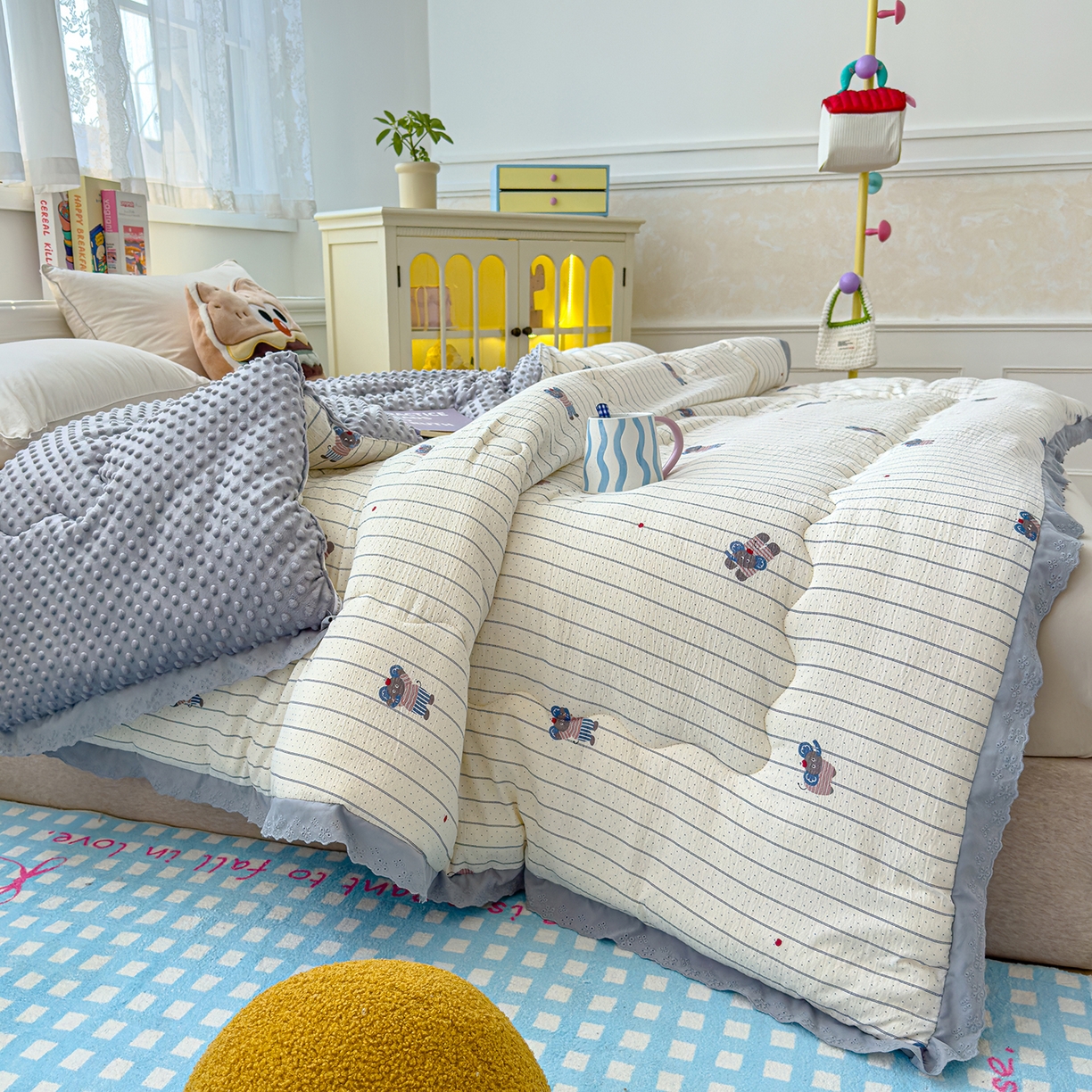 91家纺网 家纺一手货源 找家纺 芯恋家居 2025新款A类提花韩版花边豆豆冬被被子春秋被芯大豆被豆豆被 顽皮象