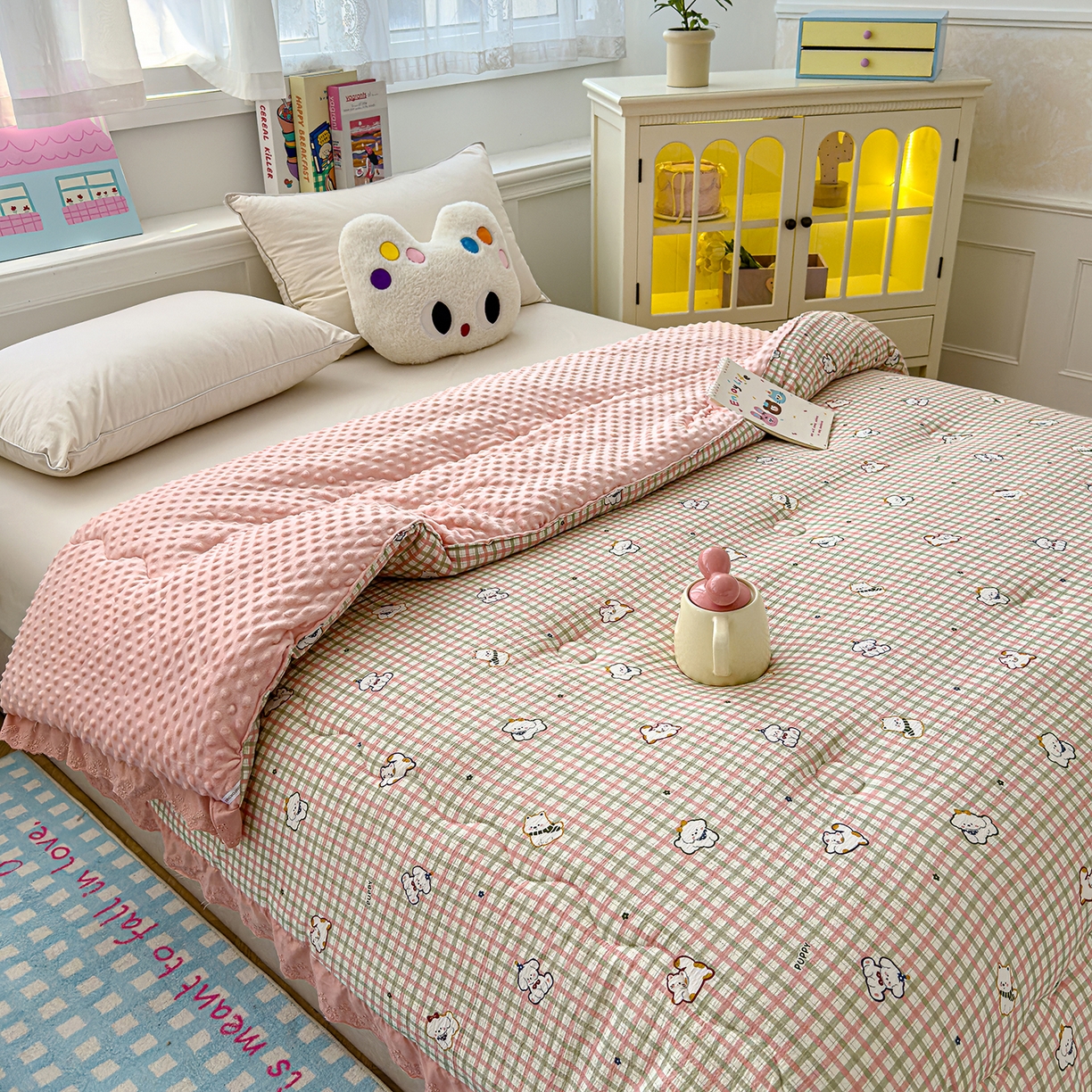 91家纺网 家纺一手货源 找家纺 芯恋家居 2025新款A类提花韩版花边豆豆冬被被子春秋被芯大豆被豆豆被 格子萌宠