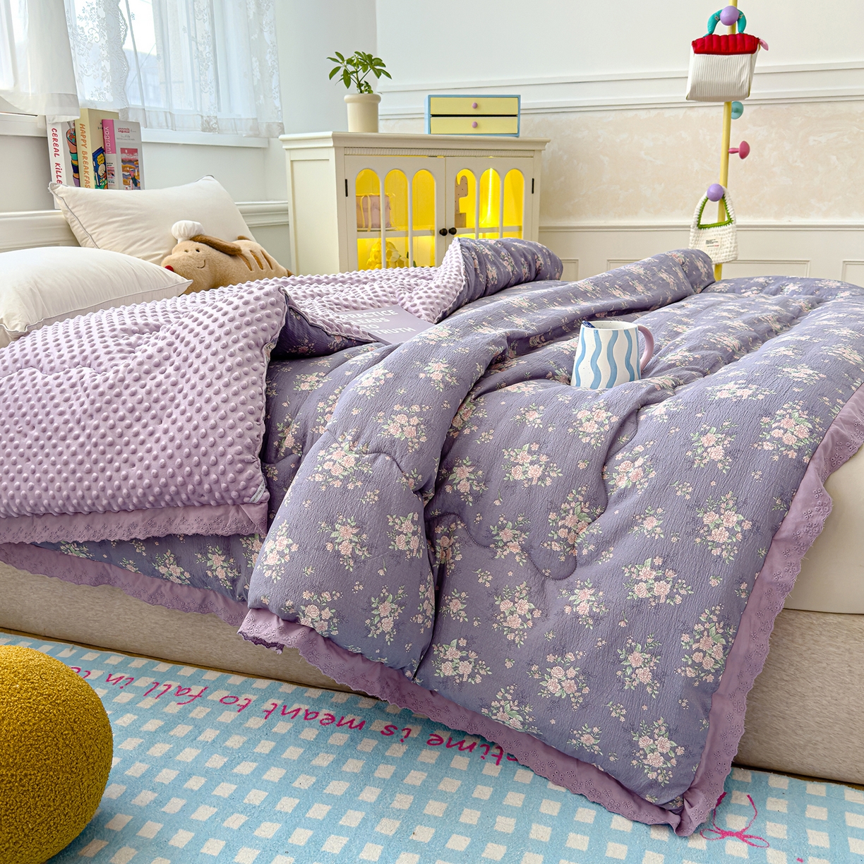 91家纺网 家纺一手货源 找家纺 芯恋家居 2025新款A类提花韩版花边豆豆冬被被子春秋被芯大豆被豆豆被 迷迭香