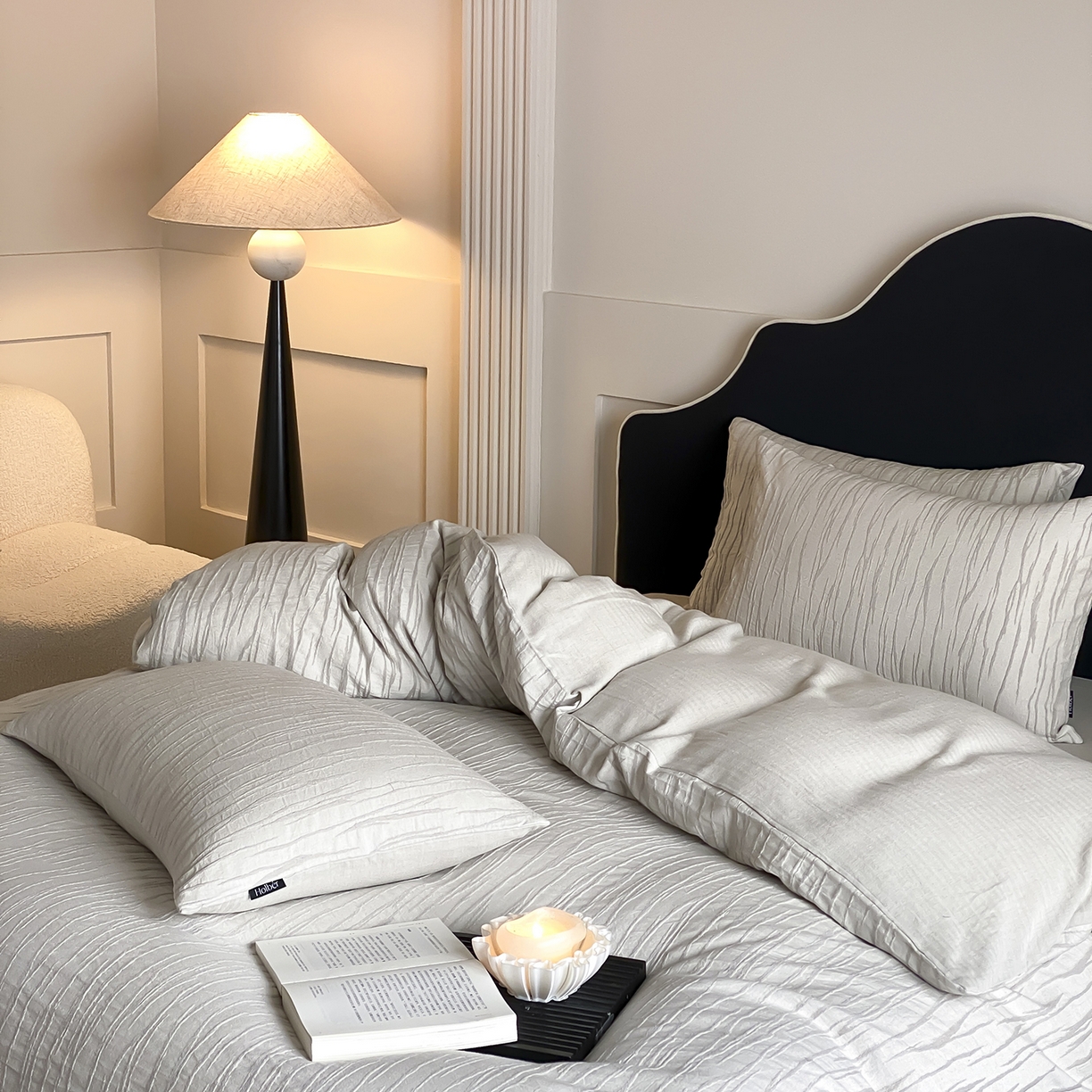 91家纺网 家纺一手货源 找家纺 （总）赫帛 2025新款A类全棉棉麻色织提花四件套-灰屿