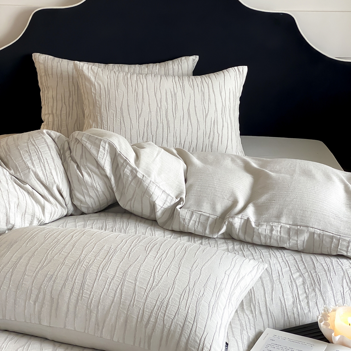 91家纺网 家纺一手货源 找家纺 （总）赫帛 2025新款A类全棉棉麻色织提花四件套-灰屿