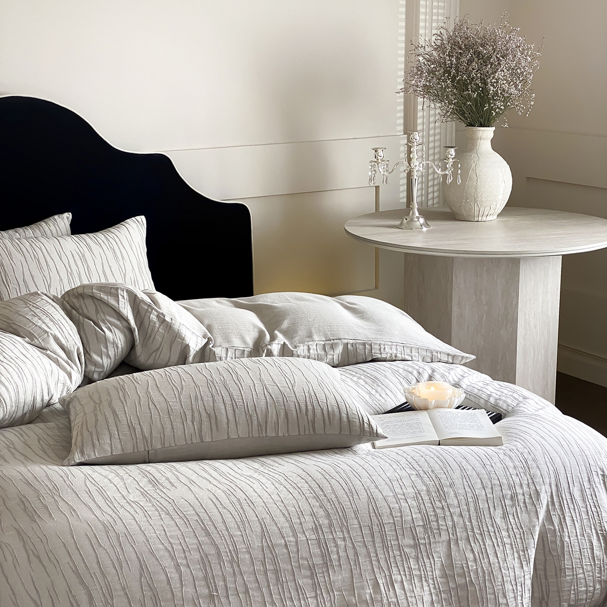 91家纺网 家纺一手货源 找家纺 （总）赫帛 2025新款A类全棉棉麻色织提花四件套-灰屿