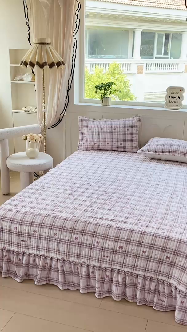 91家纺网 家纺一手货源 找家纺 尚美 2025新款豆豆绒牛奶绒大花边床盖四件套（床盖花边随机） 格子蝴蝶梦