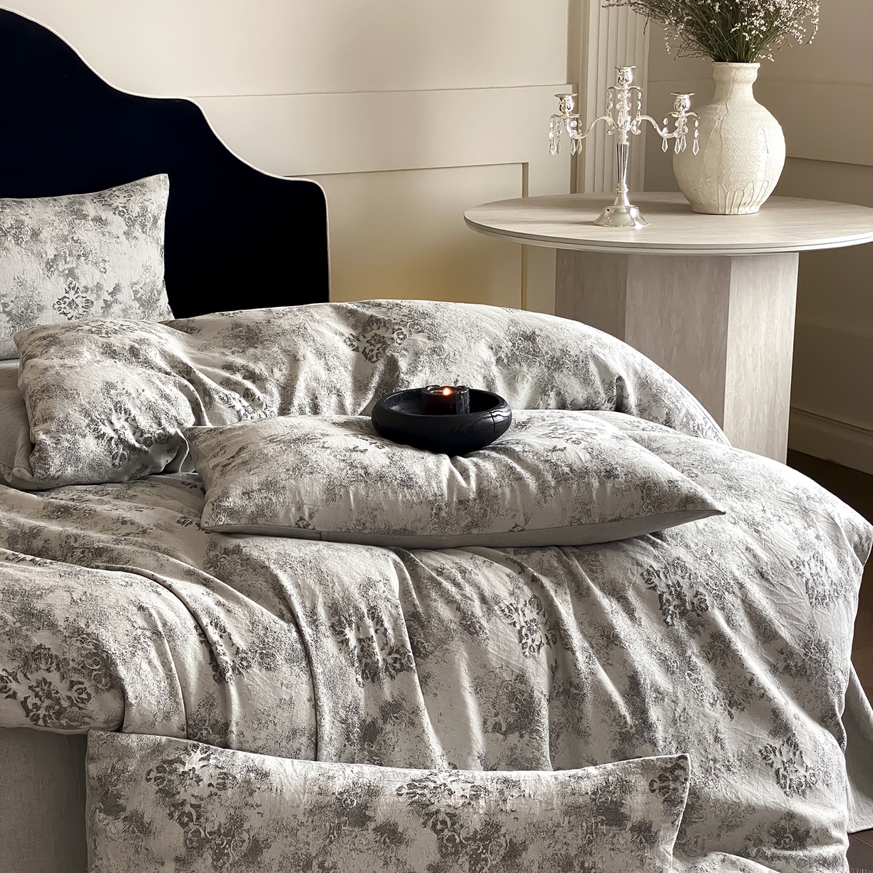 91家纺网 家纺一手货源 找家纺 赫帛 2025新款A类全棉棉麻色织提花四件套-欧若拉 欧若拉-灰色