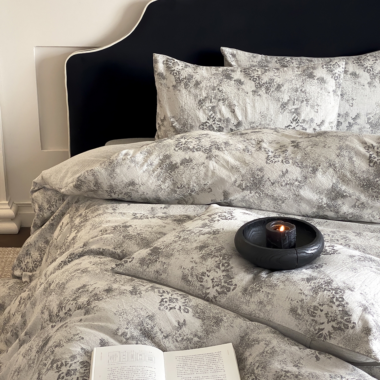 91家纺网 家纺一手货源 找家纺 赫帛 2025新款A类全棉棉麻色织提花四件套-欧若拉 欧若拉-灰色