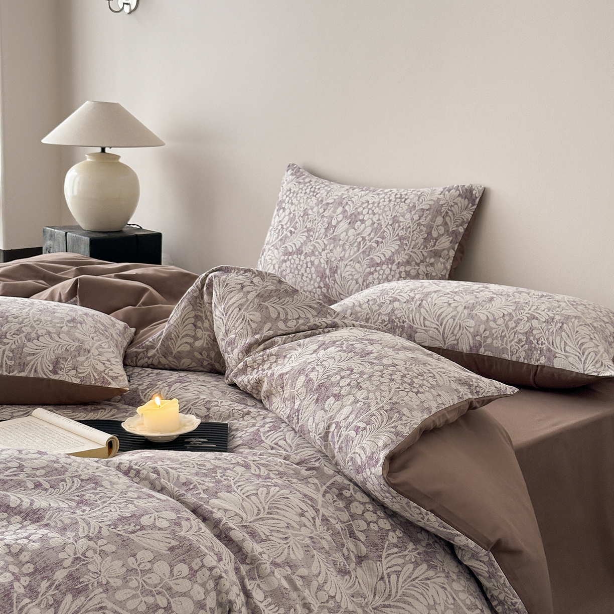 91家纺网 家纺一手货源 找家纺 赫帛 2025新款50支全棉贡缎磨毛四件套-七草（磨毛款） 七草-深紫（磨毛款）