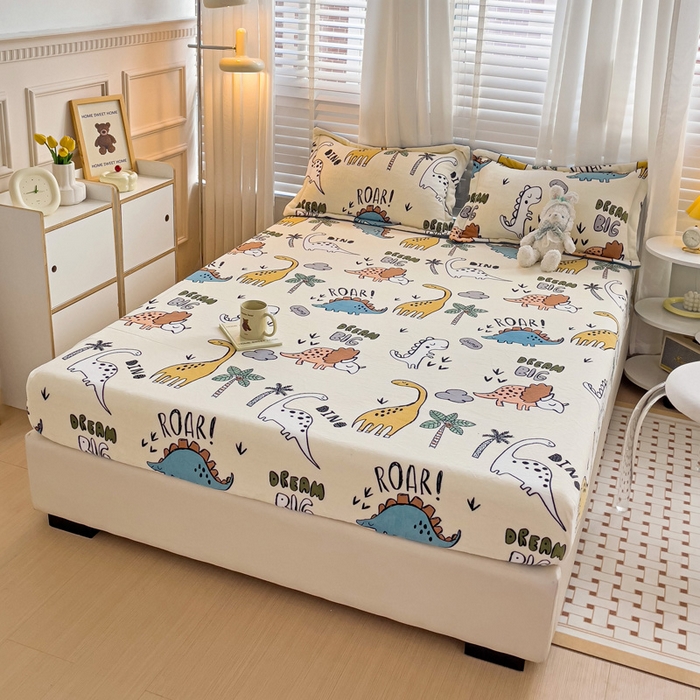 91家纺网 家纺一手货源 找家纺 富馨莱 2025新款牛奶绒印花床笠240克面料支持一件定制尺寸 恐龙世界