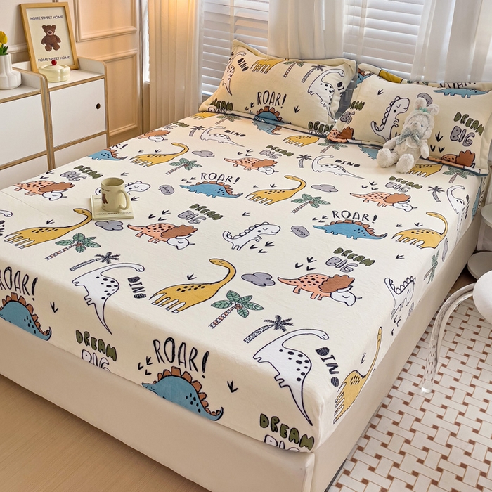 91家纺网 家纺一手货源 找家纺 富馨莱 2025新款牛奶绒印花床笠240克面料支持一件定制尺寸 恐龙世界