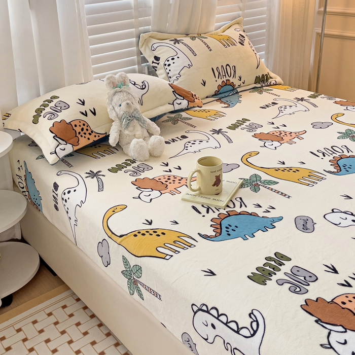 91家纺网 家纺一手货源 找家纺 富馨莱 2025新款牛奶绒印花床笠240克面料支持一件定制尺寸 恐龙世界