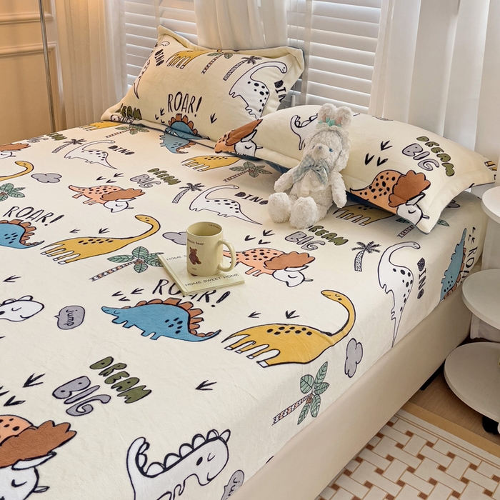 91家纺网 家纺一手货源 找家纺 富馨莱 2025新款牛奶绒印花床笠240克面料支持一件定制尺寸 恐龙世界