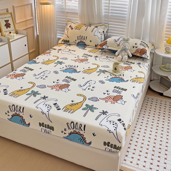 91家纺网 家纺一手货源 找家纺 富馨莱 2025新款牛奶绒印花床笠240克面料支持一件定制尺寸 恐龙世界