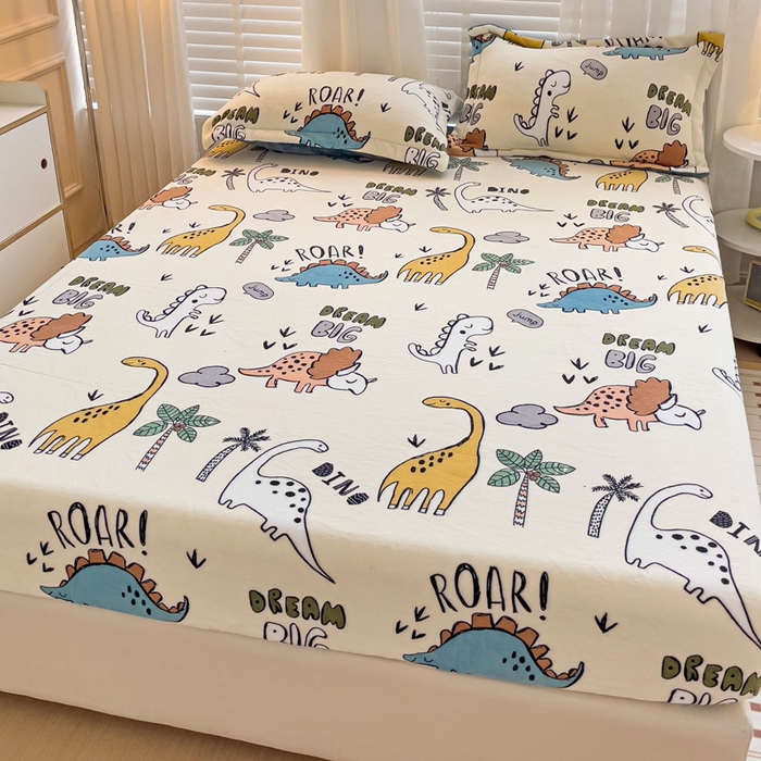 91家纺网 家纺一手货源 找家纺 富馨莱 2025新款牛奶绒印花床笠240克面料支持一件定制尺寸 恐龙世界