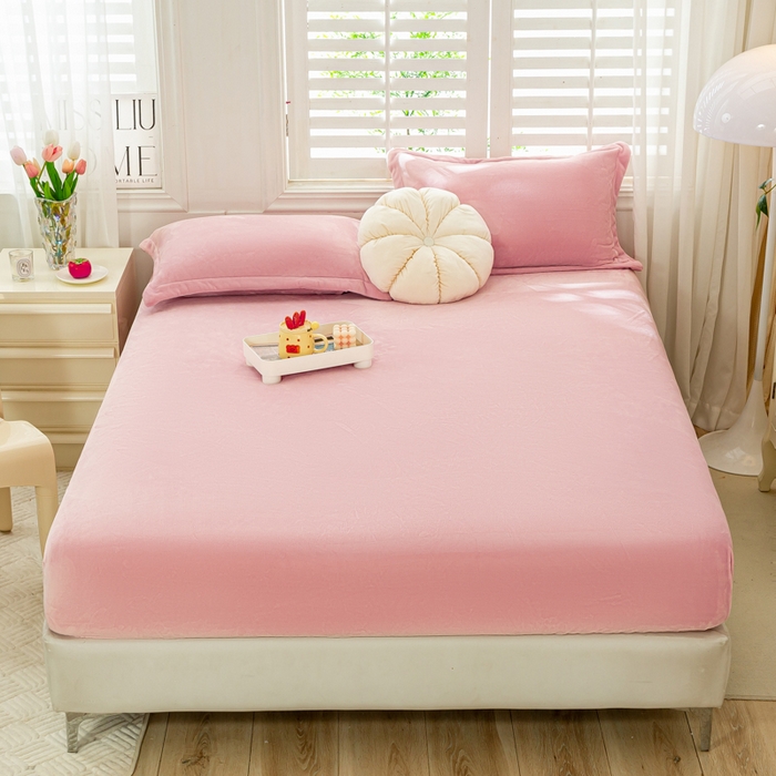 富馨莱 2025新款牛奶绒印花床笠240克面料支持一件定制尺寸 绒樱花粉