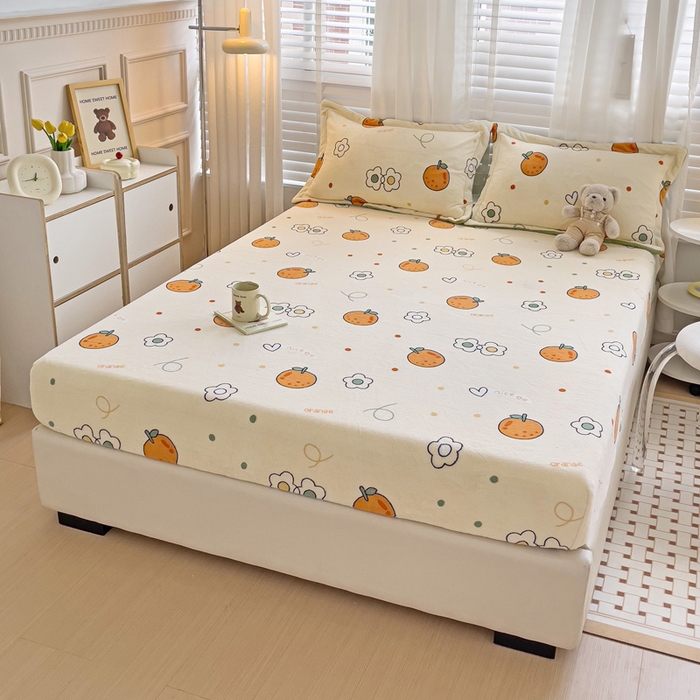 91家纺网 家纺一手货源 找家纺 富馨莱 2025新款牛奶绒印花床笠240克面料支持一件定制尺寸 心想事橙