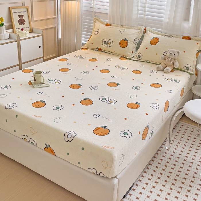 91家纺网 家纺一手货源 找家纺 富馨莱 2025新款牛奶绒印花床笠240克面料支持一件定制尺寸 心想事橙