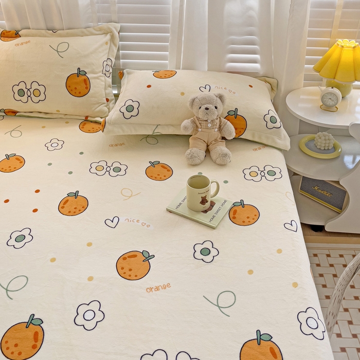 91家纺网 家纺一手货源 找家纺 富馨莱 2025新款牛奶绒印花床笠240克面料支持一件定制尺寸 心想事橙