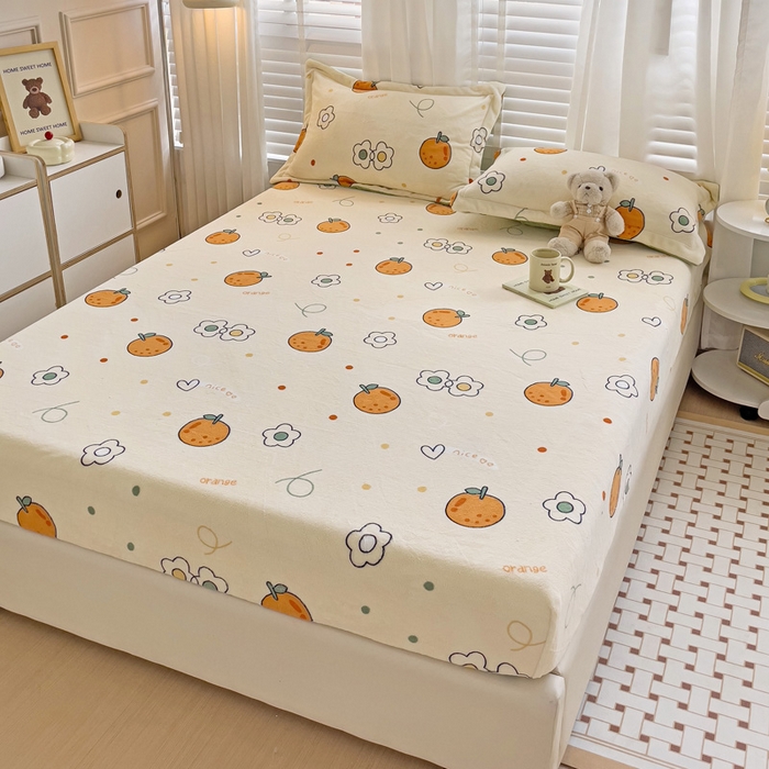 91家纺网 家纺一手货源 找家纺 富馨莱 2025新款牛奶绒印花床笠240克面料支持一件定制尺寸 心想事橙