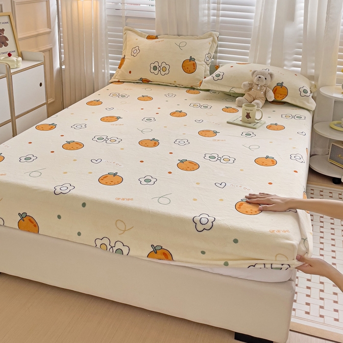 91家纺网 家纺一手货源 找家纺 富馨莱 2025新款牛奶绒印花床笠240克面料支持一件定制尺寸 心想事橙