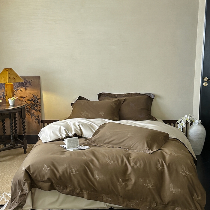 赫帛 2025新款50S色织提花贡缎长绒棉四件套-蝶恋花 蝶恋花-驼色