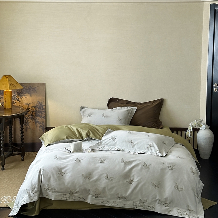 赫帛 2025新款50S色织提花贡缎长绒棉四件套-蝶恋花 蝶恋花-绿色