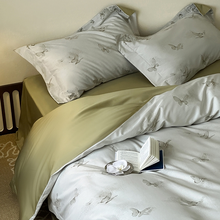 91家纺网 家纺一手货源 找家纺 赫帛 2025新款50S色织提花贡缎长绒棉四件套-蝶恋花 蝶恋花-绿色