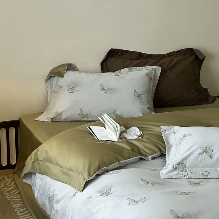 91家纺网 家纺一手货源 找家纺 赫帛 2025新款50S色织提花贡缎长绒棉四件套-蝶恋花 蝶恋花-绿色