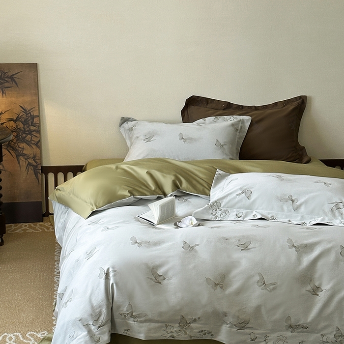 91家纺网 家纺一手货源 找家纺 赫帛 2025新款50S色织提花贡缎长绒棉四件套-蝶恋花 蝶恋花-绿色